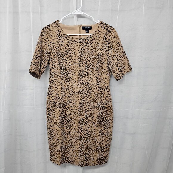 Lands" End Tan Black Animal Print Jersey Fit & Flare Dress Office Preppy 10 - Picture 11 of 15